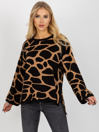 Sweter oversize we wzory z szerokimi rękawami - camelowo-czarny